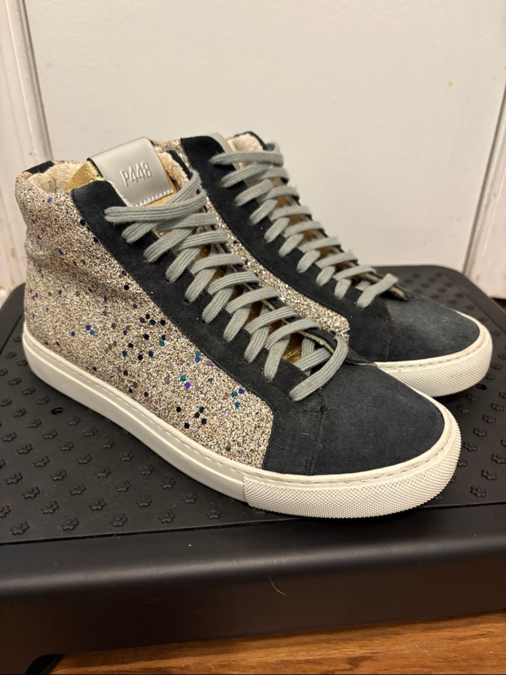 P448 Women's High-Top Glitter Sneaker in Silver Gold and Black